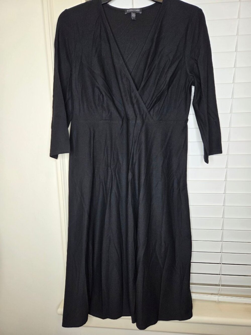 Eileen Fisher Black Wrap Midi Dress 3/4 Sleeves Womens S Classic Travel Stretch